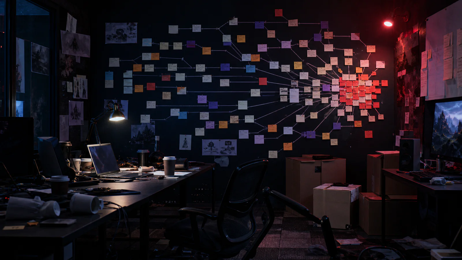 A game studio planning wall where dozens of production milestones converge into an overloaded deadline.