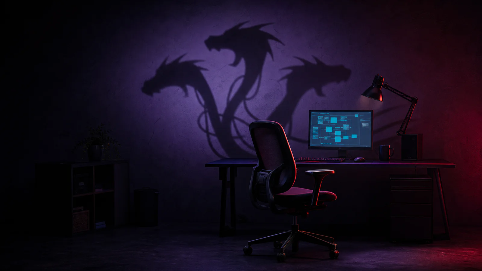 A game developer workstation casting a three-headed hydra shadow across a violet studio wall.