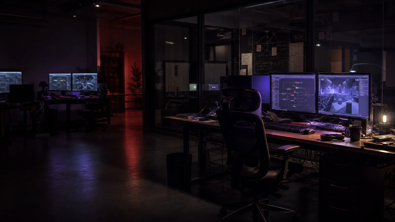 An empty game development studio after hours, lit by violet monitors and a restrained red glow.