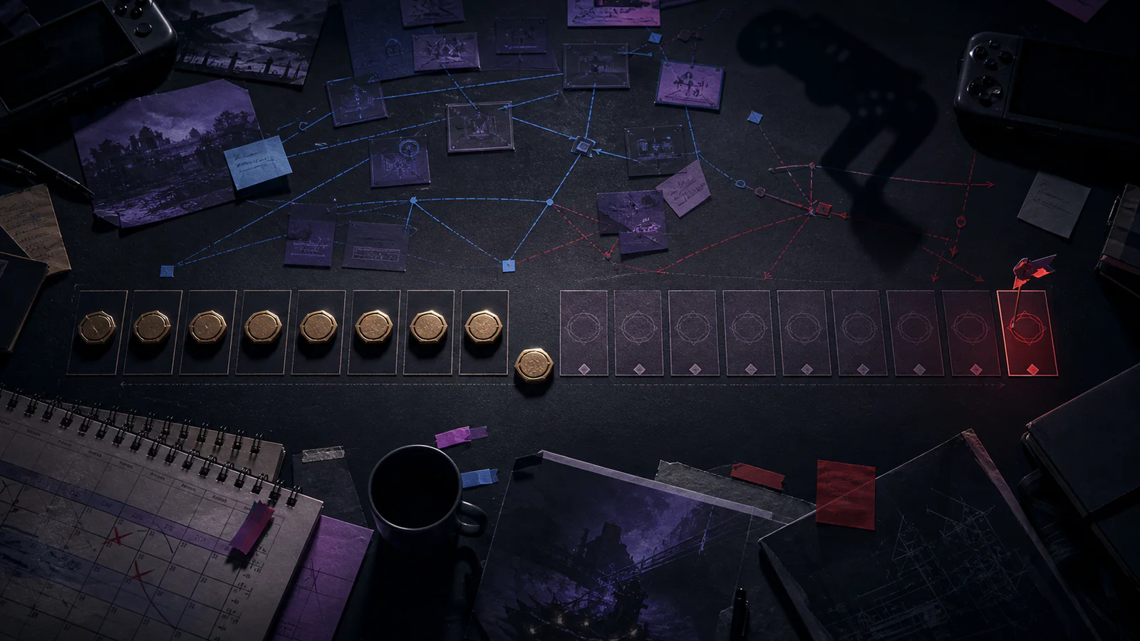 A game production planning table where a finite row of budget tokens ends before the remaining launch milestones.